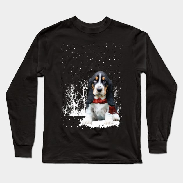 Christmas Basset Hound With Scarf In Winter Forest Long Sleeve T-Shirt by SuperMama1650